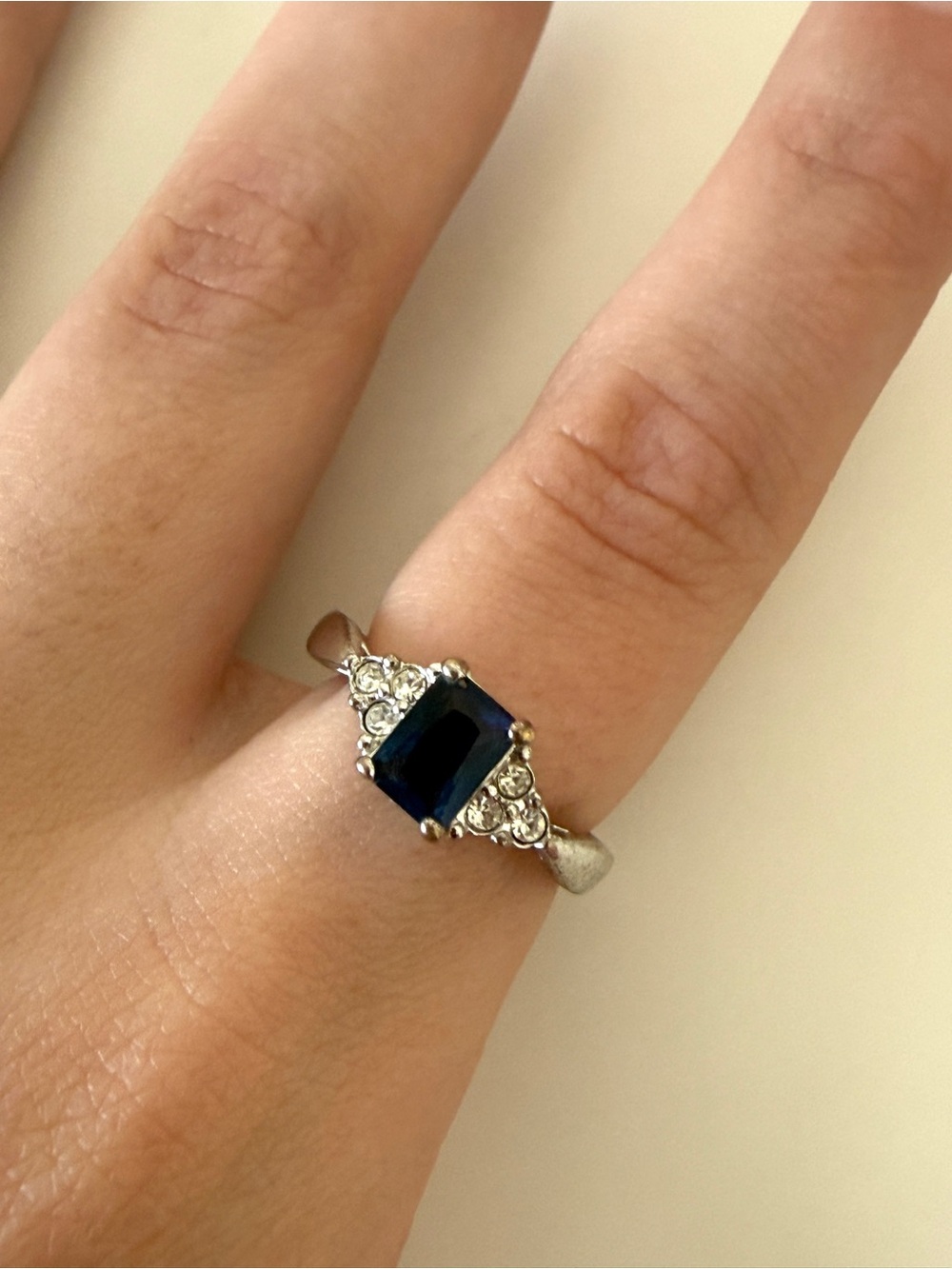 Silver tone Blue glass Cut Ring with Clear Accent Stones
